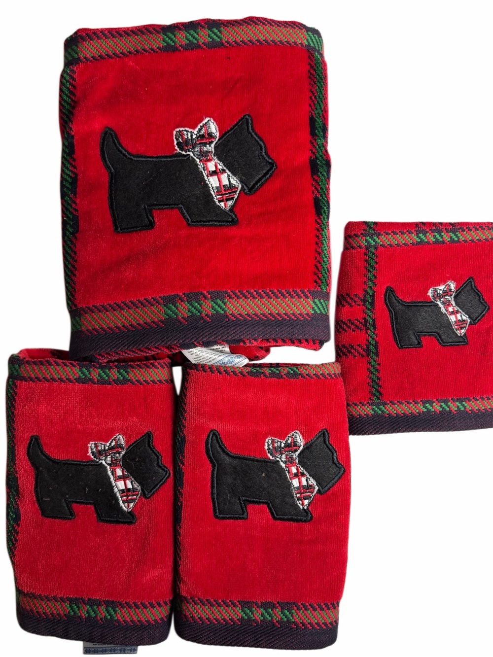 Christmas Scottie Dog 4Pc Towel Set Red Plaid Bath Hand Fingertip Towels Holiday